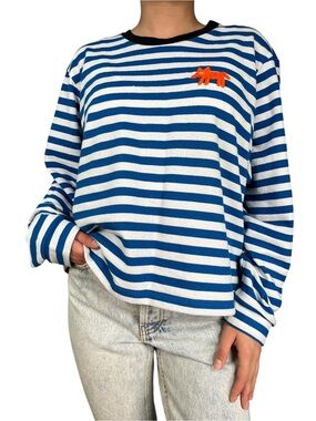 Striped Blue & White Long-Sleeve Tee with Orange Fox Detail